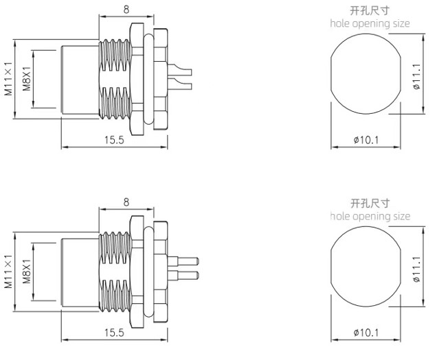 M8 panel mount drawing of soldering and PCB type（Screw thread:M11X1.0)