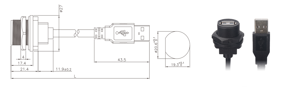 USB female  to male connector size information: 2.0 thread Type