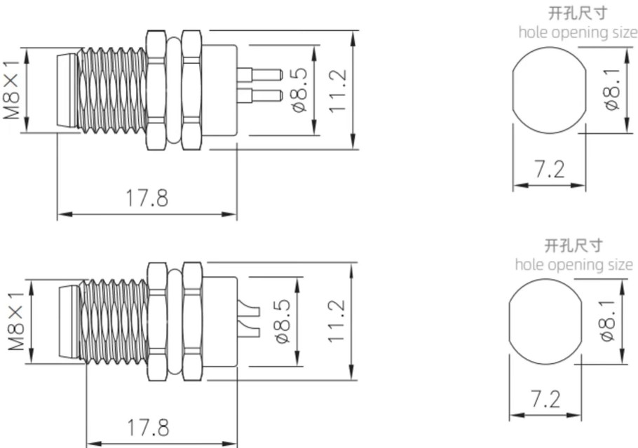 M8 panel mount drawing of soldering and PCB type（Screw thread:M8X1.0)