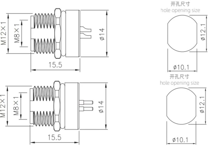 M8 panel mount drawing of soldering and PCB type（Screw thread:M12X1.0)