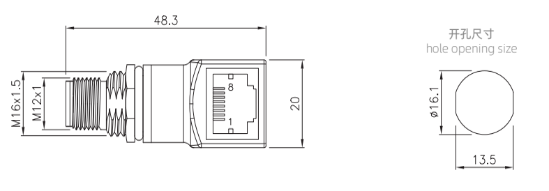 M12 to rj45 angled 90° adapter drawing