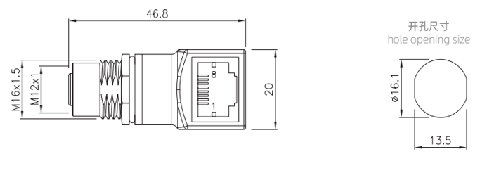 M12 female to rj45 adapter drawing