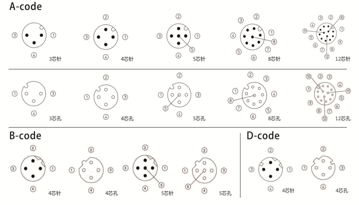 M12 field wireable connector pin arrangement: