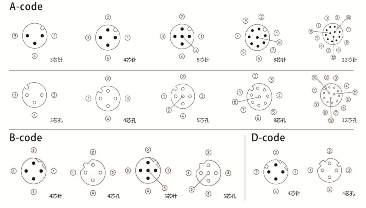 M12 field wireable connector pin arrangement