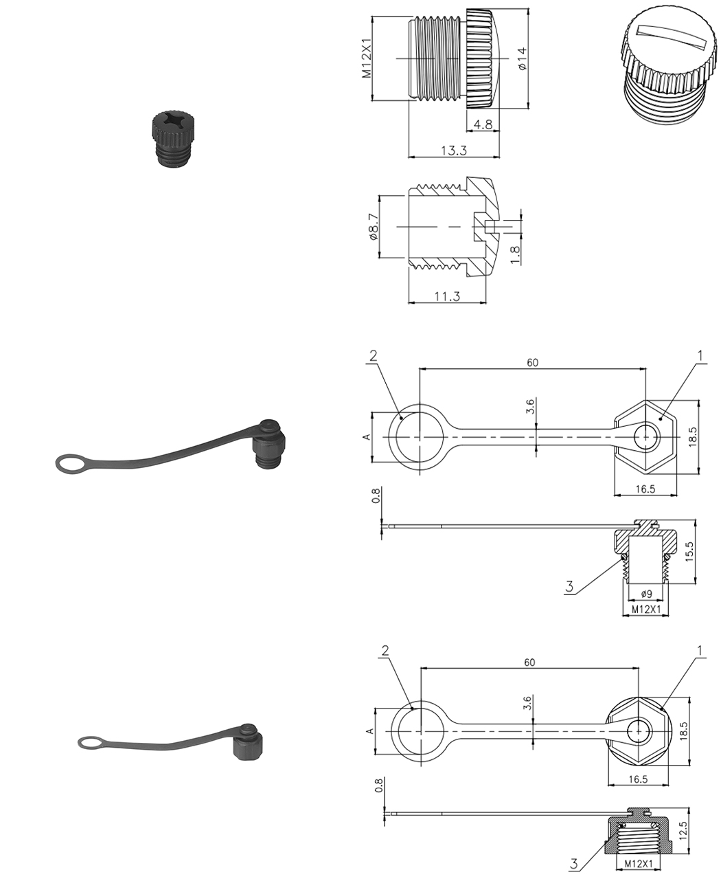 M12 female and male connectors plastic cap size information: